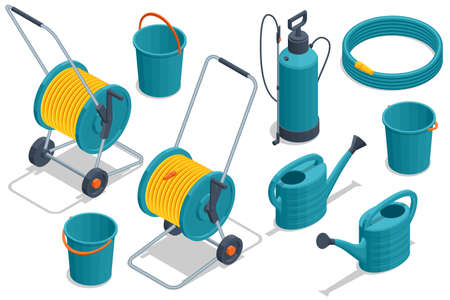 Isometric set of garden tools. Hose, sprayer, bucket, watering, isolated on white background.のイラスト素材