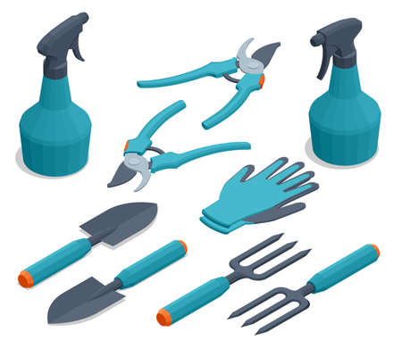 Isometric set of garden tools. Rake, pruner, sprayer, shovel, mittens, pitchfork, cutter, isolated on white background.のイラスト素材