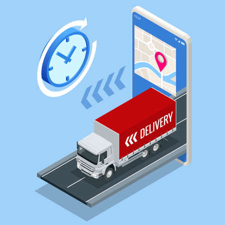 Isometric Delivery truck with cardboard box, mobile phone. Delivery service via modern technology. Tracking system. Mobile App.のイラスト素材