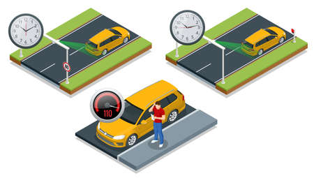 SPECS, average speed measuring speed camera system. Average speed cameras on freeway. SPECS cameras operate as sets of two or more cameras installed along a fixed route Section Controlのイラスト素材