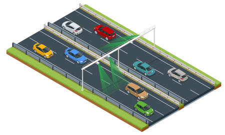 SPECS, average speed measuring speed camera system. Average speed cameras on freeway. SPECS cameras operate as sets of two or more cameras installed along a fixed route Section Controlのイラスト素材