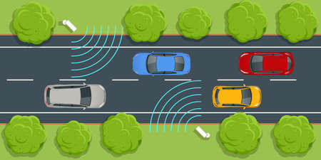 SPECS, average speed measuring speed camera system. Average speed cameras on freeway. SPECS cameras operate as sets of two or more cameras installed along a fixed routeのイラスト素材