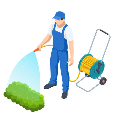 Agricultural work. Isometric farmer watering a vegetable garden. Gardener with watering hose and sprayer water on the vegetableのイラスト素材