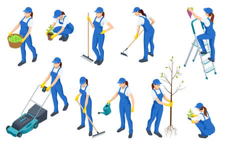 Isometric isolated icons of woman working on farm, in garden.