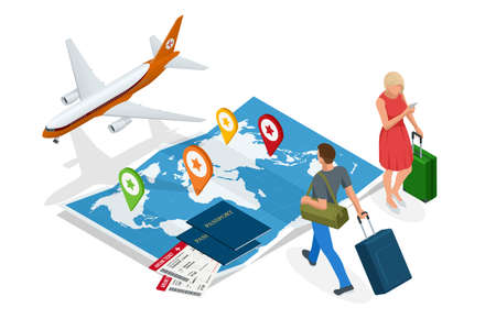 Isometric Business travel and tourism concept. Air tickets or boarding pass, passports on world map. Buying or booking online tickets.のイラスト素材