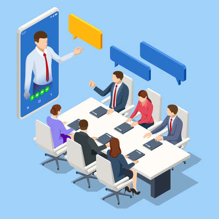 Isometric video conference. Online meeting work form home. Business analysis, analytics, research, strategy statistic, planning, marketing, study of performance indicators.のイラスト素材