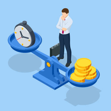 Isometric time is money concept. Money and time balance on scale. Financial investments, revenue increase, budget management, savings account.のイラスト素材