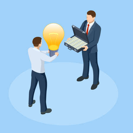 Isometric Develop Creative Business Idea Concept. Finance, Economy, Banking, Success, Personal Security. Characters Communicating Brainstorming, Discussion Idea.のイラスト素材