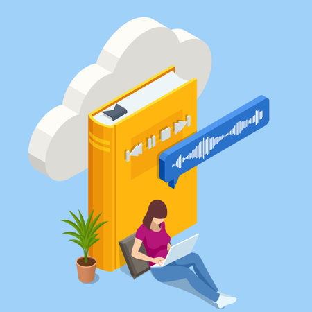 Isometric Audiobooks concept. Listening to e-books in audio format. Books online. Online training bannerのイラスト素材