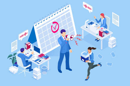 Isometric Project deadline. Time management on the road to success. Deadline Concept of overworked man Time to work Time management project plan schedule.のイラスト素材