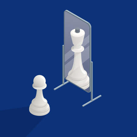 Isometric megalomania concept. The pawn sees itself in the mirror as a queen. Vanity, selfishnessのイラスト素材