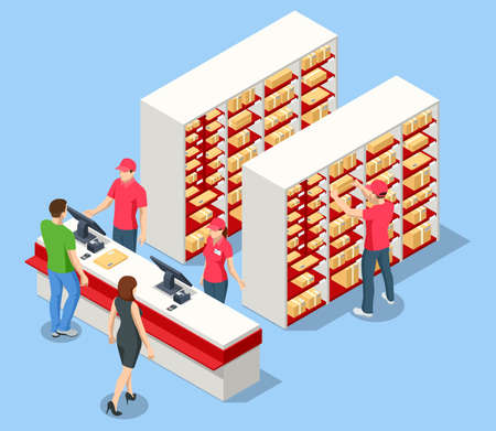 Isometric concept Post Office, mailbox. People working at the post office. Modern exterior and interior of post office.のイラスト素材