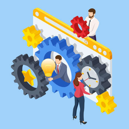 Isometric Business Process. Business team connect pieces of gears. Project planning, cooperation, workflow process, teamwork, business analysis, vision and scope, boost productivityのイラスト素材