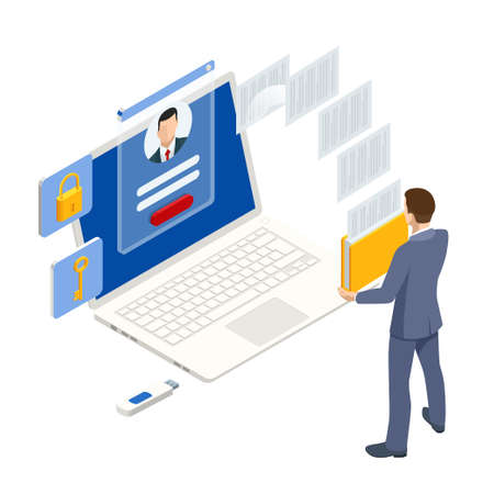 Isometric man analyzes the database of employees or personnel. Protection of personal data. Data processing. HR manager. Artificial intelligence working for big data analysis.のイラスト素材