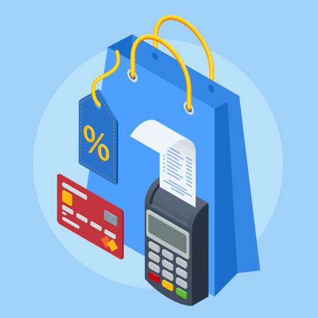 Isometric Online shopping banner, mobile app templates. Shopping cart on smartphone for online shopping concept, e-commerce banner, online payment and purchase via credit cardのイラスト素材