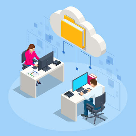 Isometric Cloud Technology. People Working From Office. Global Outsourcing, People Using Cloud System in Distant Work and Data Storage. Clouds connected documents.のイラスト素材