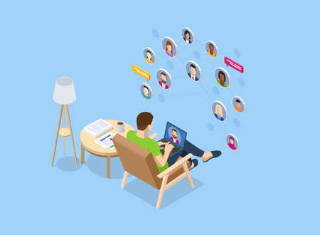 Isometric social network concept. Man laptop using ,Social, media, Marketing concept. Online messaging service. Chatting mobile applicationのイラスト素材