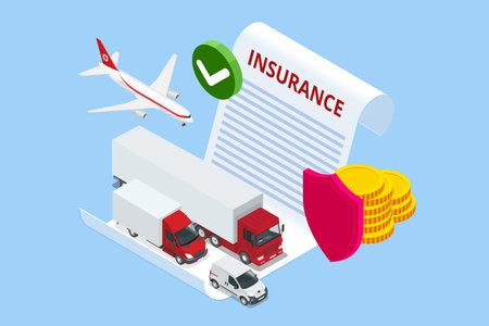 Isometric insurance policy concept. Air cargo trucking transportation. On-time delivery. Vehicles designed to carry large numbers cargo. Protection from danger, providing security.のイラスト素材