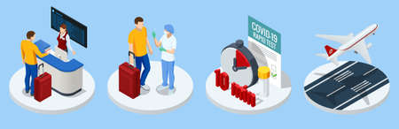 Isometric traveling during pandemic of COVID-19 essentials. Traveller with negative PCR test for coronavirus. Travel to new requirements International travel preventive measuresのイラスト素材
