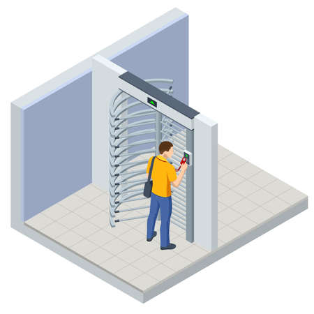 Isometric Full height turnstile security system. Security gates. Access control equipment. Magnetic card access turnstiles. Electronic turnstile. Automatic checkpoint. Building securityのイラスト素材