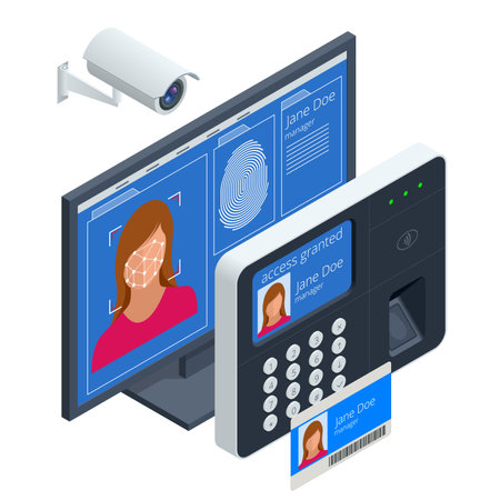 Isometric facial recognition system concept. Finger print scan for enter security system, Biometric access control. Digital touch scan identification or electronic sensor authentication.のイラスト素材