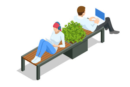 Isometric eco modern street bench vector for web design isolated on white. A modern bench with a flower bed in a city park. City improvement, urban planning, public spaces.のイラスト素材