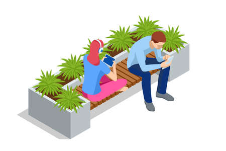 Isometric eco modern street bench vector for web design isolated on white. A modern bench with a flower bed in a city park. City improvement, urban planning, public spaces.のイラスト素材