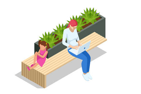 Isometric eco modern street bench vector for web design isolated on white. A modern bench with a flower bed in a city park. City improvement, urban planning, public spaces.のイラスト素材