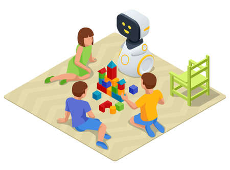 Isometric Robot Baby Sitter Playing Cubes With Children. Robot nanny and kids playing educational toys at kindergarten or nursery roomのイラスト素材