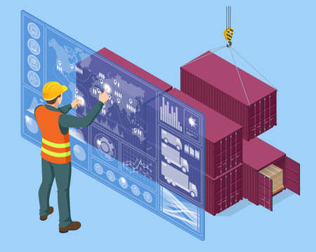 Isometric Global logistics network concept. Interactive panel for tracking cargo online. Maritime,...