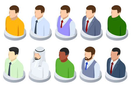 Isometric young male faces vector avatar set. Social network icons. Business man in job and lifestyle daily routine characterのイラスト素材