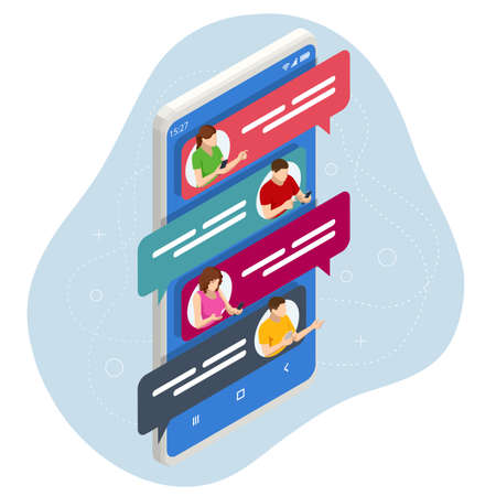 Isometric Social Network Web Site Surfing Concept. Global Communication Around the World, Remote Work.のイラスト素材