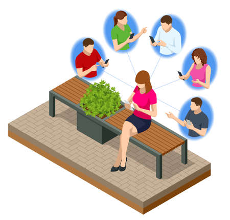 Isometric Social Network Web Site Surfing Concept. Global Communication Around the World, Remote Work.のイラスト素材