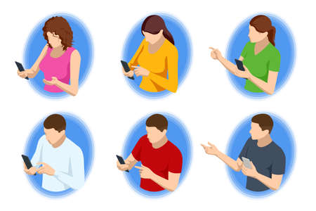 Isometric Characters with Phone Woman and Man. Men and Women Holding Mobile Phone in Hands. Online Communication and Conversation with Smartphoneのイラスト素材