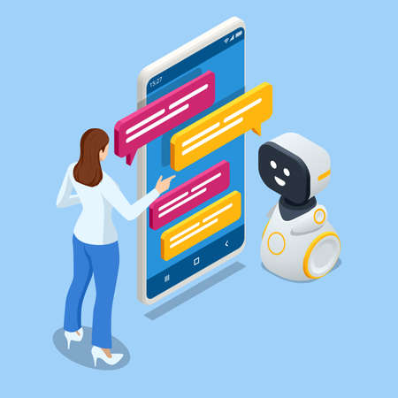 Isometric artificial intelligence. Chat bot and future marketing. AI and business IOT concept. Mans and women chatting with chatbot application. Dialog help service.のイラスト素材