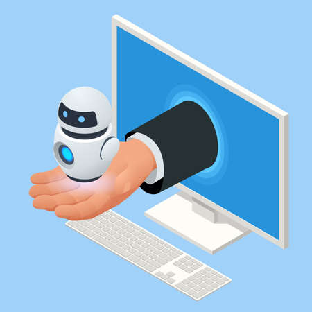 Isometric artificial intelligence. Chat bot and future marketing. AI and business IOT concept. Mans and women chatting with chatbot application. Dialog help service.のイラスト素材