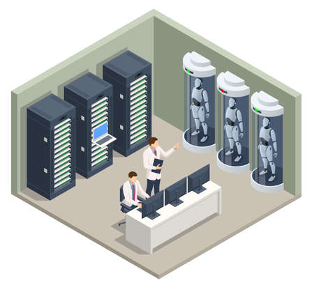 Isometric artificial intelligence in robots. Technology and engineering. automatiaon robots working in server room.のイラスト素材