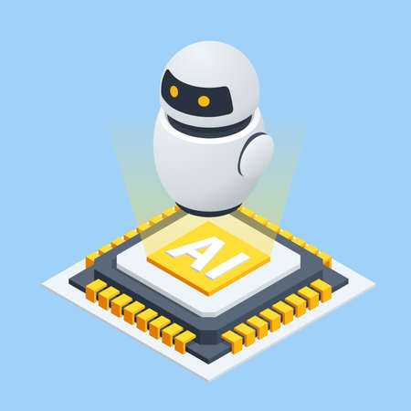 Isometric Modern Robot Isolated On Background. Little Minimal Modern White Robotのイラスト素材