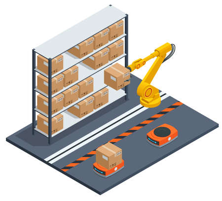 Isometric yellow robotic arm carry cardboard box in warehouse. Automated warehouse. Autonomous robot transportation in warehousesのイラスト素材