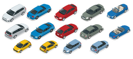 isometric high quality city transport car icon set. Urban, city cars and vehicles transport vector flat icons set.のイラスト素材