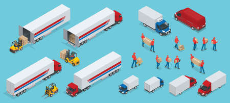 Isometric Logistics icons set of different transportation distribution vehicles, delivery elements....