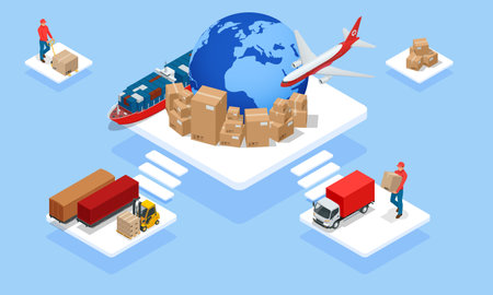 Global logistics network isometric illustration. Air cargo trucking rail transportation maritime shipping On-time delivery Vehicles designed to carry large numbers of cargoのイラスト素材