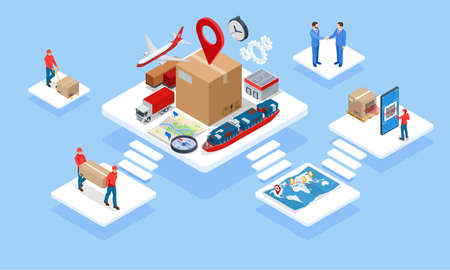 Global logistics network isometric illustration. Isometric Logistics and Delivery concept. Delivery home and office. City logistics. Warehouse, truck, forklift, courier. On-time deliveryのイラスト素材