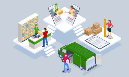 Global logistics network isometric illustration. Isometric Logistics and Delivery concept. Delivery home and office. City logistics. Warehouse, truck, forklift, courier. On-time deliveryのイラスト素材