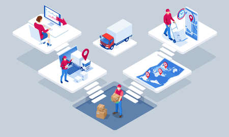 Global logistics network isometric illustration. Isometric Logistics and Delivery concept. Delivery home and office. City logistics. Warehouse, truck, forklift, courier. On-time deliveryのイラスト素材
