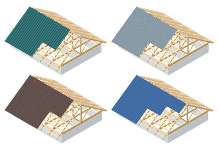 Isometric roofing construction. Concept of residential building under construction. House under construction. Roof insulation.のイラスト素材