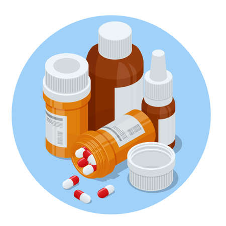 Isometric Pills and medicine bottles. Medicine pills capsules and bottles.のイラスト素材