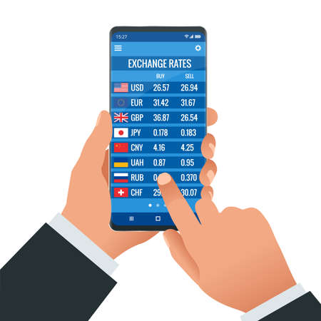 Online bank information board with different flags and currency for buy or sell. Foreign currency exchange rates. Currency exchange rate on digital LED display boardのイラスト素材