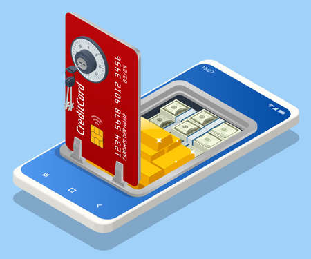 Isometric Online Mobile Banking and Internet Banking. Mobile Banking application On a Screenのイラスト素材