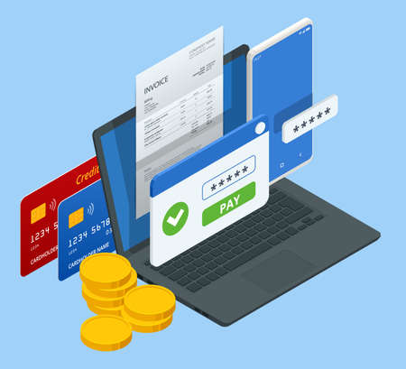 Isometric Online Mobile Banking and Internet Banking. Mobile Banking application On a Screenのイラスト素材